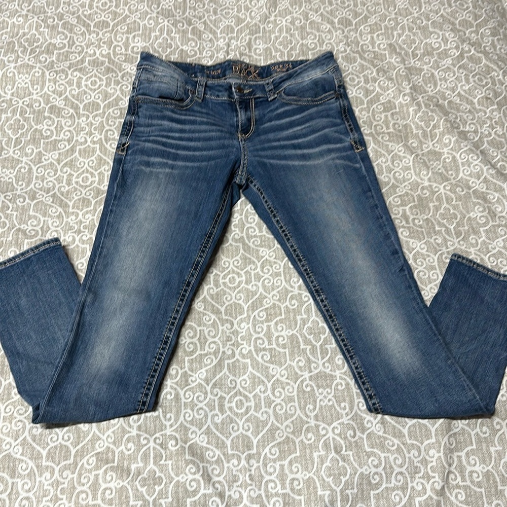 mens buckle black skinny jeans sz 29x34